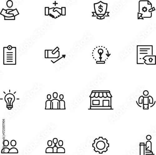 Meeting outline icons with editable stroke collection. Includes Business Meeting, Teamwork, Collaboration, Online Meeting,
