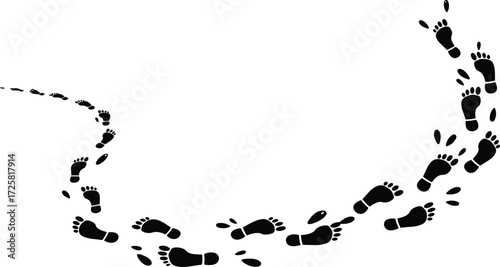 Vector illustration of walking footprints trail in curved path design, human shoe steps silhouette, tracking direction concept, journey graphic art