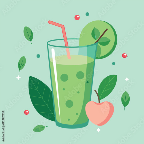 Refreshing green smoothie in a tall glass garnished with a citrus slice and mint leaves surrounded by fresh fruit and botanical elements on a pastel background