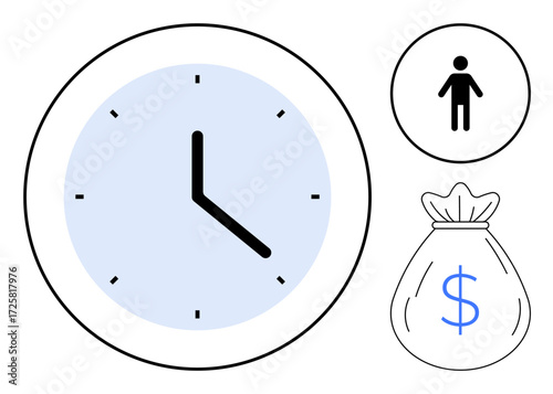 Clock, person icon, and money bag with blue dollar sign highlight time management, value of time, productivity, planning, business, efficiency, financial decisions simple flat metaphor