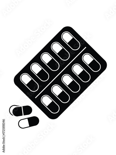 Black and white illustration of a blister pack of capsules and loose pills