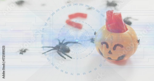 Faint scanning pulse appearing center overlay rotating grid scan line lighting spider pumpkin candy