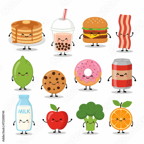 Playful Cartoon Food and Drink Characters with Smiling Faces and Tiny Limbs.