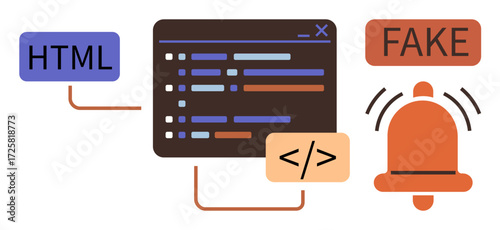 Browser coding panel connects HTML and coding languages to a fake alert symbol. Ideal for cybersecurity, programming, ethical hacking, online fraud prevention, information systems, warning systems
