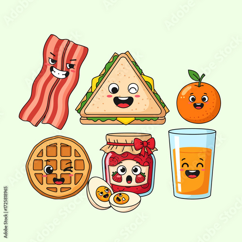 Cartoon Breakfast Food Assortment with Expressive Faces and Bold Outlines.