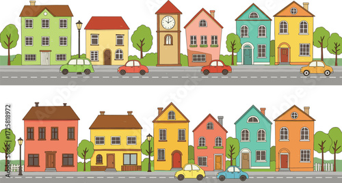 Cartoon city street illustration, colorful houses, cars and trees, suburban neighborhood vector, urban residential architecture clipart design