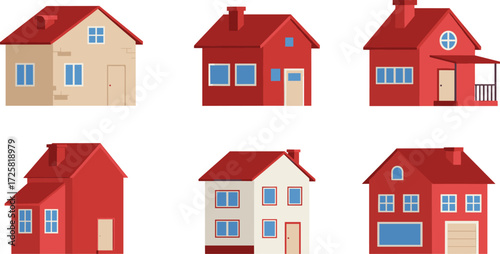 Set of suburban houses illustration, red roofs, residential building collection, vector architecture design, modern home exterior clipart