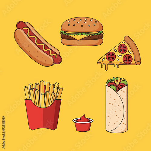 Cartoon Fast Food Collection Hotdog Burger Pizza Fries Ketchup and Wrap.