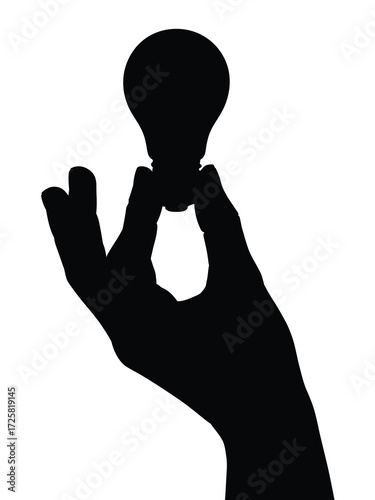 Silhouette of a hand holding a light bulb against a white background