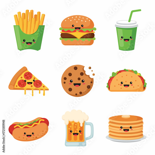 Cartoon Fast Food Icons Burger Fries Soda Pizza Cookie Taco Hotdog Beer and Pancakes.