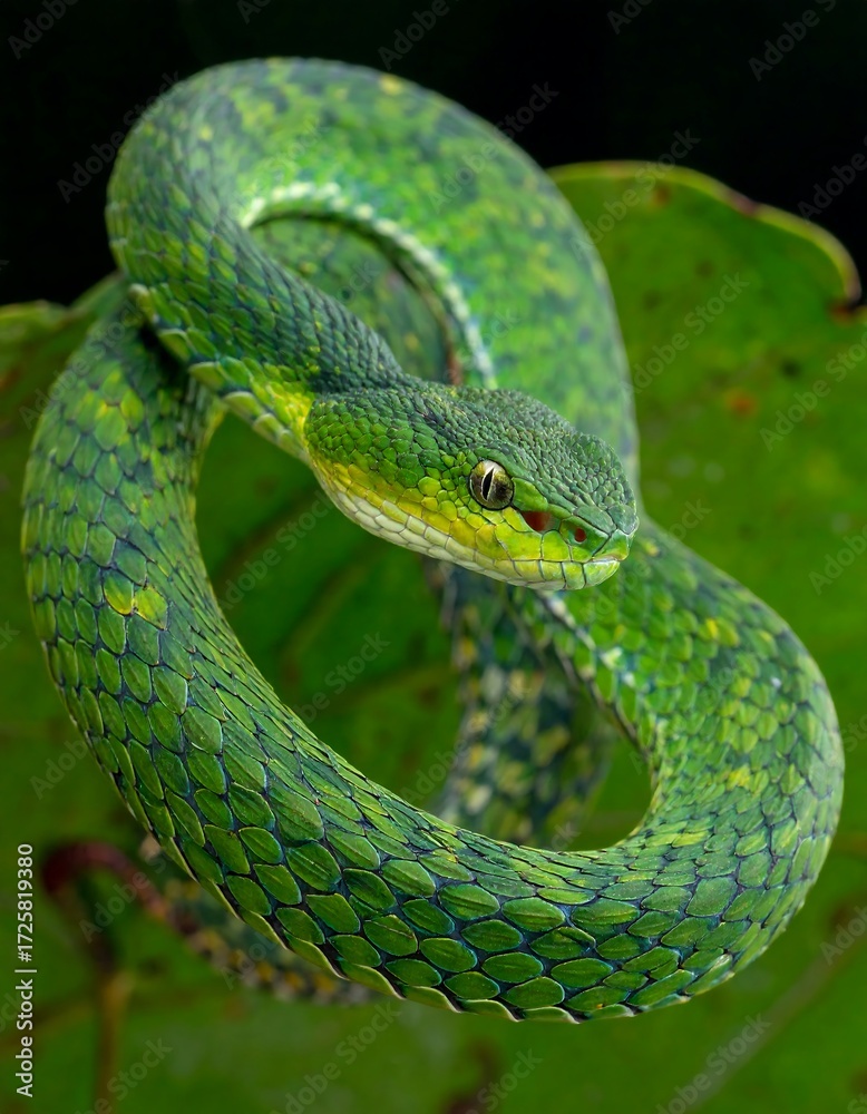 Obraz premium A vibrant green snake coiled on a leaf, showcasing intricate scales and intense gaze (1)