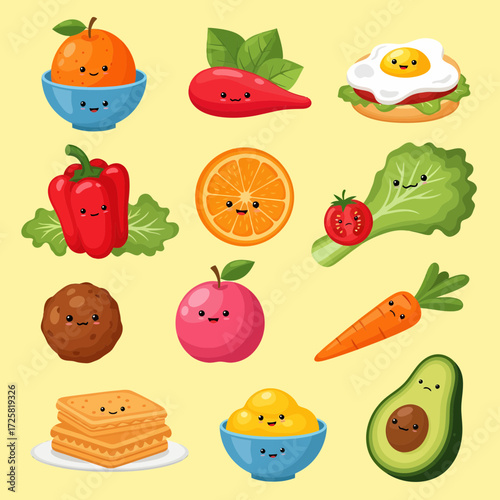 Cheerful Cartoon Food Icons A Colorful and Playful Culinary Collection.