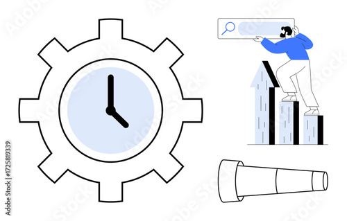 Gear clock emphasizes time management, man examining progress with telescope and search bar on growth arrows. Ideal for productivity, efficiency, growth, planning, business goals, strategy, simple