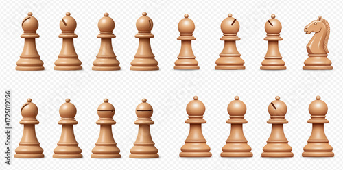 White chess pieces, including multiple bishops and a knight, neatly arranged in two rows on a transparent background.