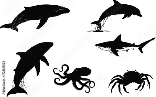 Silhouette marine animals set including whale, dolphin, shark, octopus, crab — perfect for ocean-themed designs, educational content, and coastal vector illustrations