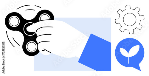 Hand spinning fidget spinner in motion, accompanied by gear and sprout icons. Ideal for focus, productivity, creativity, play, relaxation, growth innovation concepts. A simple flat metaphor