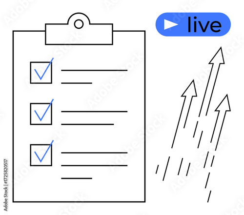 Checklist with completed tasks on clipboard, upward arrows denoting progress and growth, live indicator for real-time updates. Ideal for productivity, task management, progress tracking, goal