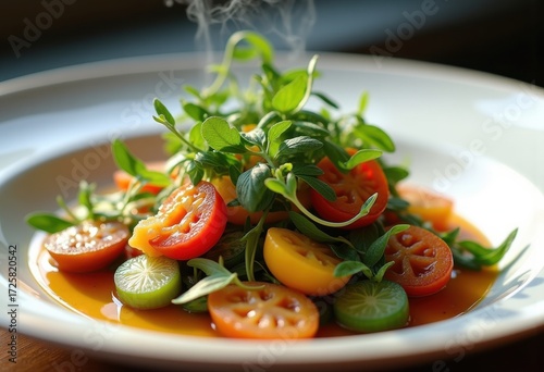 Vibrantly Plated Plant-Based Culinary Creation Garnished with Fresh Herbs on White Porcelain