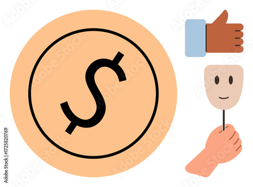 Large dollar coin symbol linked to economy or earnings, thumbs-up for validation, and a mask symbolizing identity or role. Ideal for finance, approval, personality, economic themes, roles, marketing