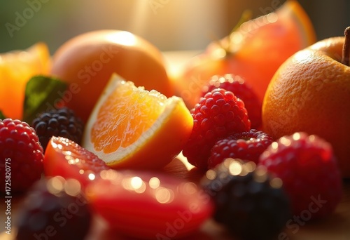 Vivid Close-Up of Luscious Fresh Fruits Glimmering in Sunlight Natural Delight Textures
