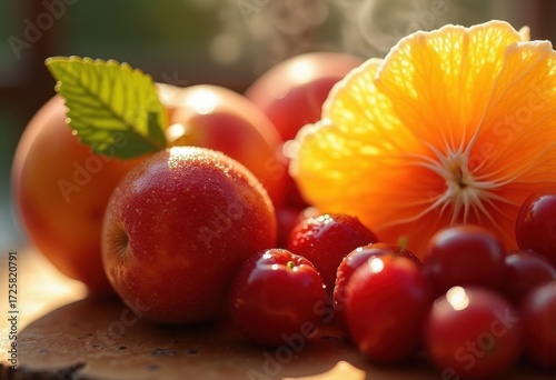 Vivid Close-Up of Luscious Fresh Fruits Glimmering in Sunlight Natural Delight Textures