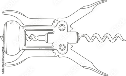 Detailed corkscrew drawing, wine opener tool, vintage style
