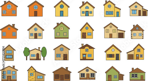 Collection of colorful suburban houses, small cottages, family homes, residential buildings, real estate vector icons, modern neighborhood illustrations