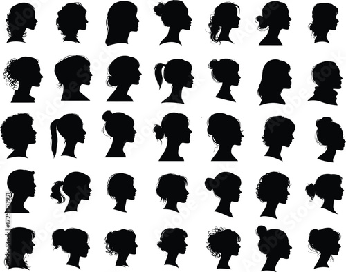 Female Head Profile Silhouettes Vector Illustration Set of Women Face Icon Beauty Portrait Graphic Design