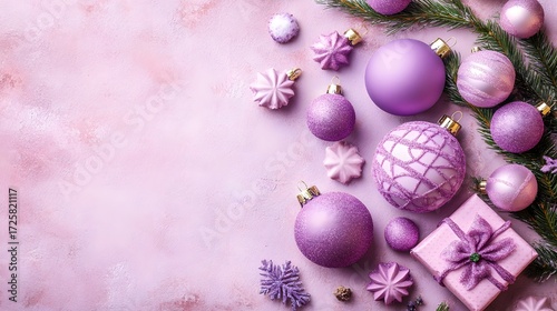 Elegant Purple Christmas Ornaments and Gift Flatlay