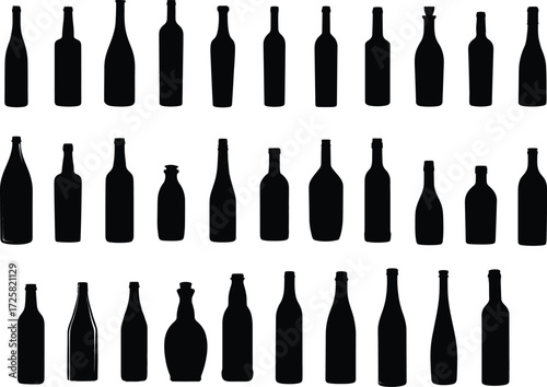 Set of Various Bottle Silhouettes Vector Illustration Glass Wine Beer Soda Drink Container Icon Design