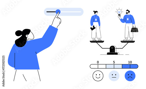 Person adjusting slider controlling balance scale with two people representing innovation and effort. Includes feedback scale from sad to happy faces. Ideal for teamwork, evaluation, leadership