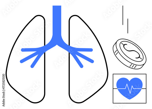 Human lungs with airways highlighted, heart rate in a monitor, and coin represent healthcare, treatment cost, monitoring, disease prevention, cardiopulmonary health, support systems, simple flat