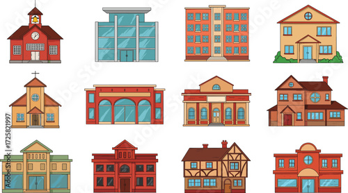 Vector illustration of different school buildings, modern universities, traditional colleges, classrooms, educational institutions, libraries, and churches