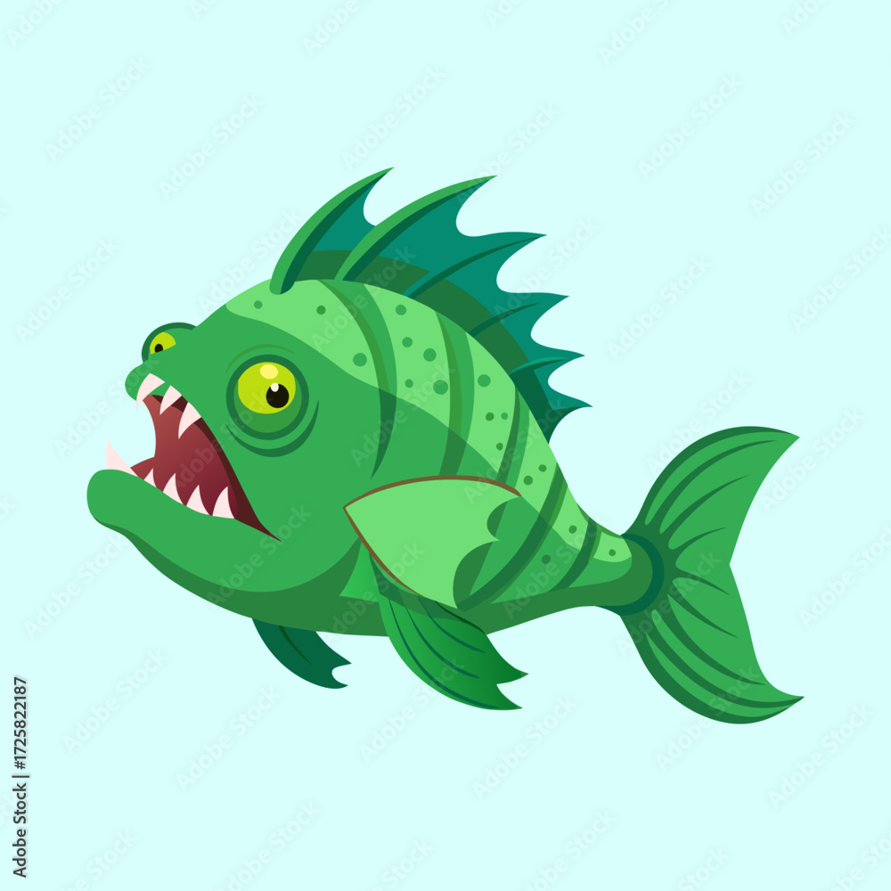 Fototapeta premium Cartoon Green Piranha with Sharp Teeth and Aggressive Expression in Water