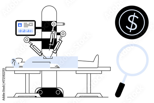 Robotic arm performing a surgical procedure on a patient with a monitor, magnifying glass, and dollar sign. Ideal for healthcare, robotics, innovation, cost analysis, finance, research future
