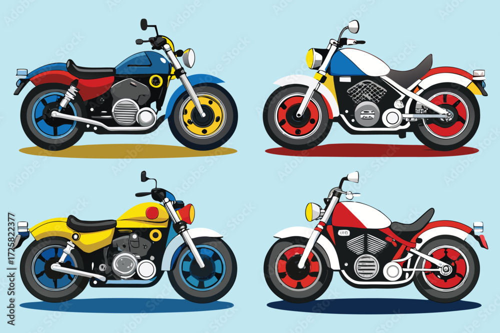 Obraz premium Four Colorful Motorcycles on Blue Background custom