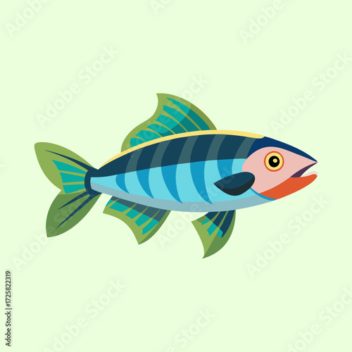 Stylized Illustration of a Striped Fish with Green Fins on Light Green