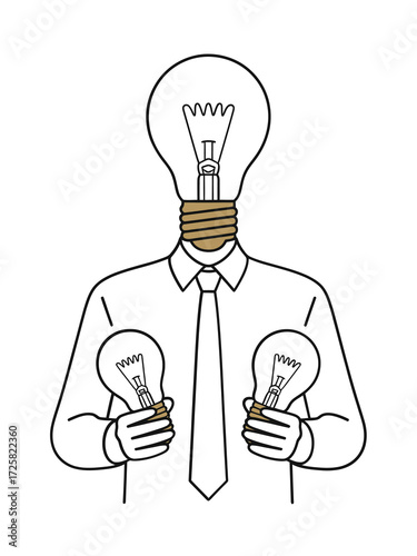 Man with lightbulb head holding two more lightbulbs