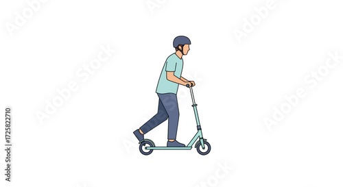 Young man in a helmet riding a modern kick scooter, flat vector illustration of urban mobility and active lifestyle