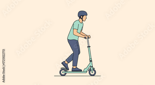 Vector illustration of a young man in a helmet riding an electric scooter, representing modern urban mobility and sustainable transport
