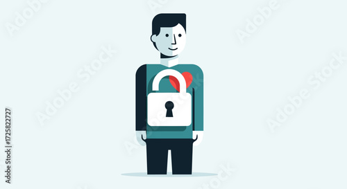 Illustration of a person safeguarding their emotional well-being and personal data with a symbolic padlock over the heart, representing privacy and inner protection in modern society
