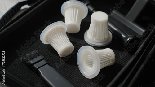 A close-up view of the filters of a compact portable car vacuum cleaner