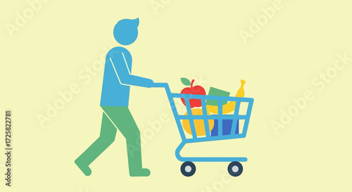 Illustration of a person pushing a shopping cart full of groceries, representing healthy eating and shopping habits