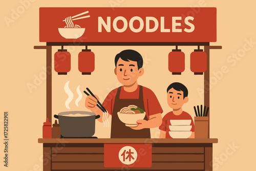 Noodle vendor, friendly, serving food, at a street food stall with red decorations