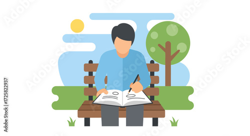 Man sitting on a park bench, writing in a notebook with a pen, enjoying a sunny day outdoors with trees in the background