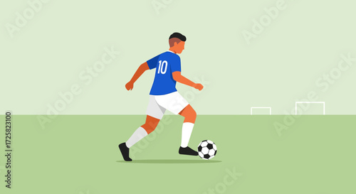 Flat vector illustration of a male football player in a blue jersey dribbling a soccer ball on a green pitch, representing sports and athletic activity