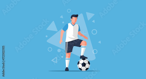 Flat design illustration of a male soccer player with a ball, representing sports and athleticism on a blue background