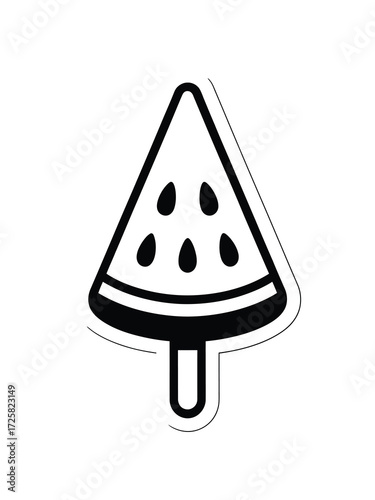 Simple black and white watermelon slice on a stick icon