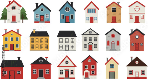 Collection of colorful house illustrations, modern suburban cottages, residential architecture, cozy homes, urban neighborhood vector design set