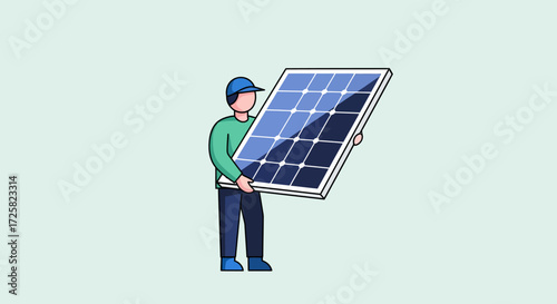 Conceptual illustration of a technician with a solar panel, representing green energy and sustainable technology